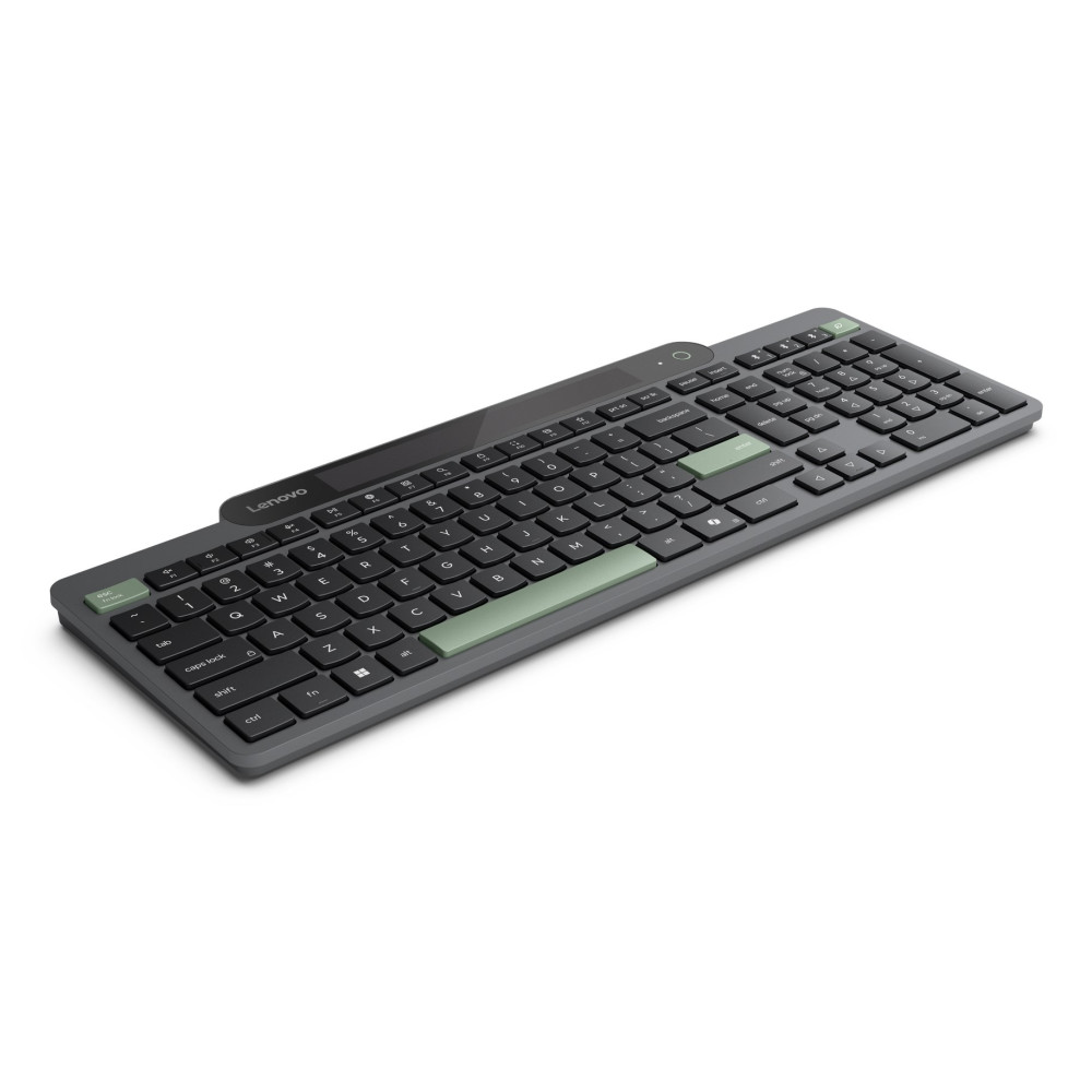 Szara klawiatura Lenovo z kilkoma jasnozielonymi klawiszami, na białym tle.