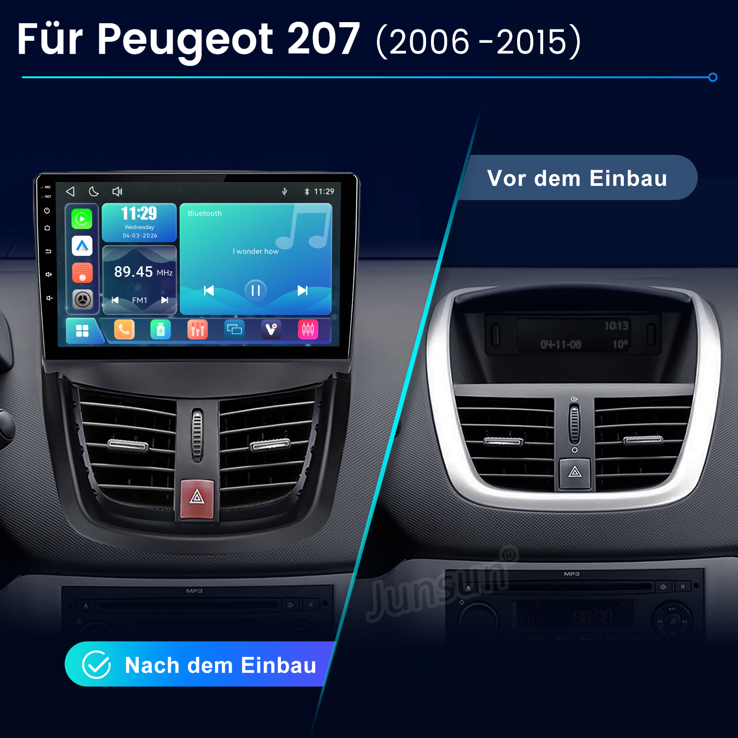 Vergleich eines Peugeot 207-Armaturenbretts vor und nach dem Einbau eines neuen Radios.
