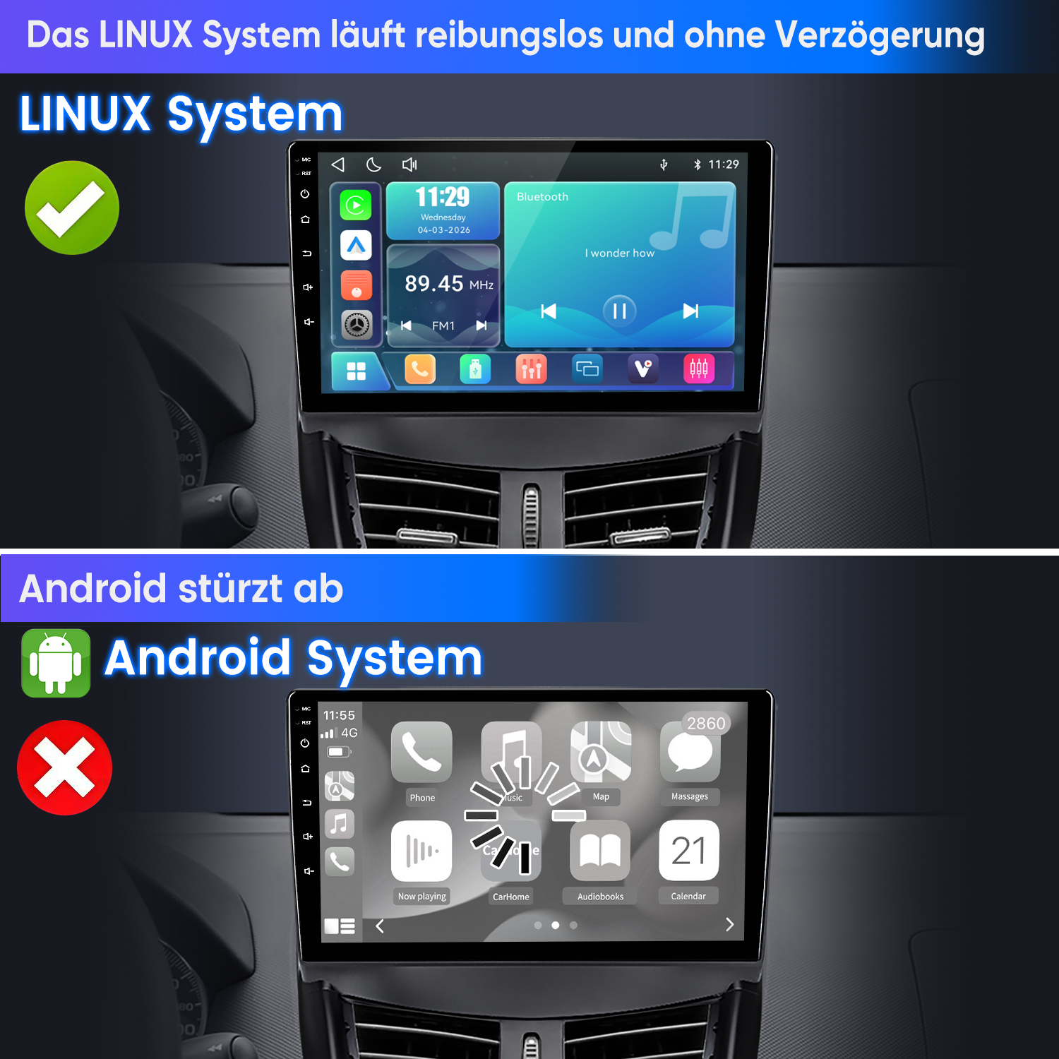 Oberes Bild: LINUX System mit Häkchen. Unteres Bild: Android System mit rotem Kreuz.