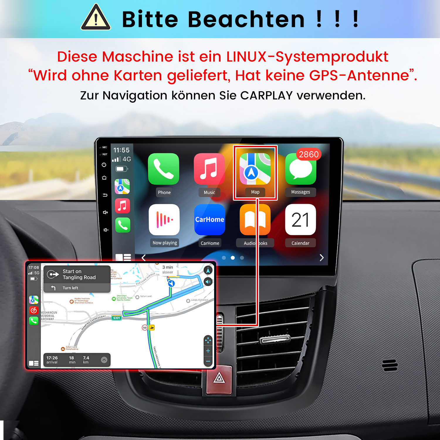 Auto-Infotainmentsystem mit Navigation, Musik und Anrufen. Warnhinweis auf Deutsch.