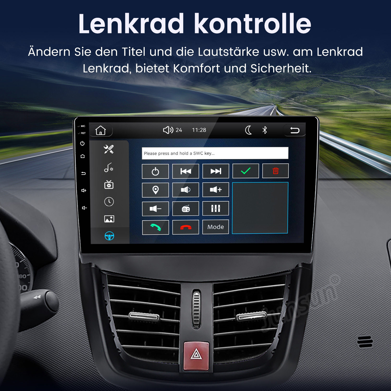 Ein Autoradio-Touchscreen zeigt Lenkradsteuerung-Optionen. Im Hintergrund ist eine Straße zu sehen.