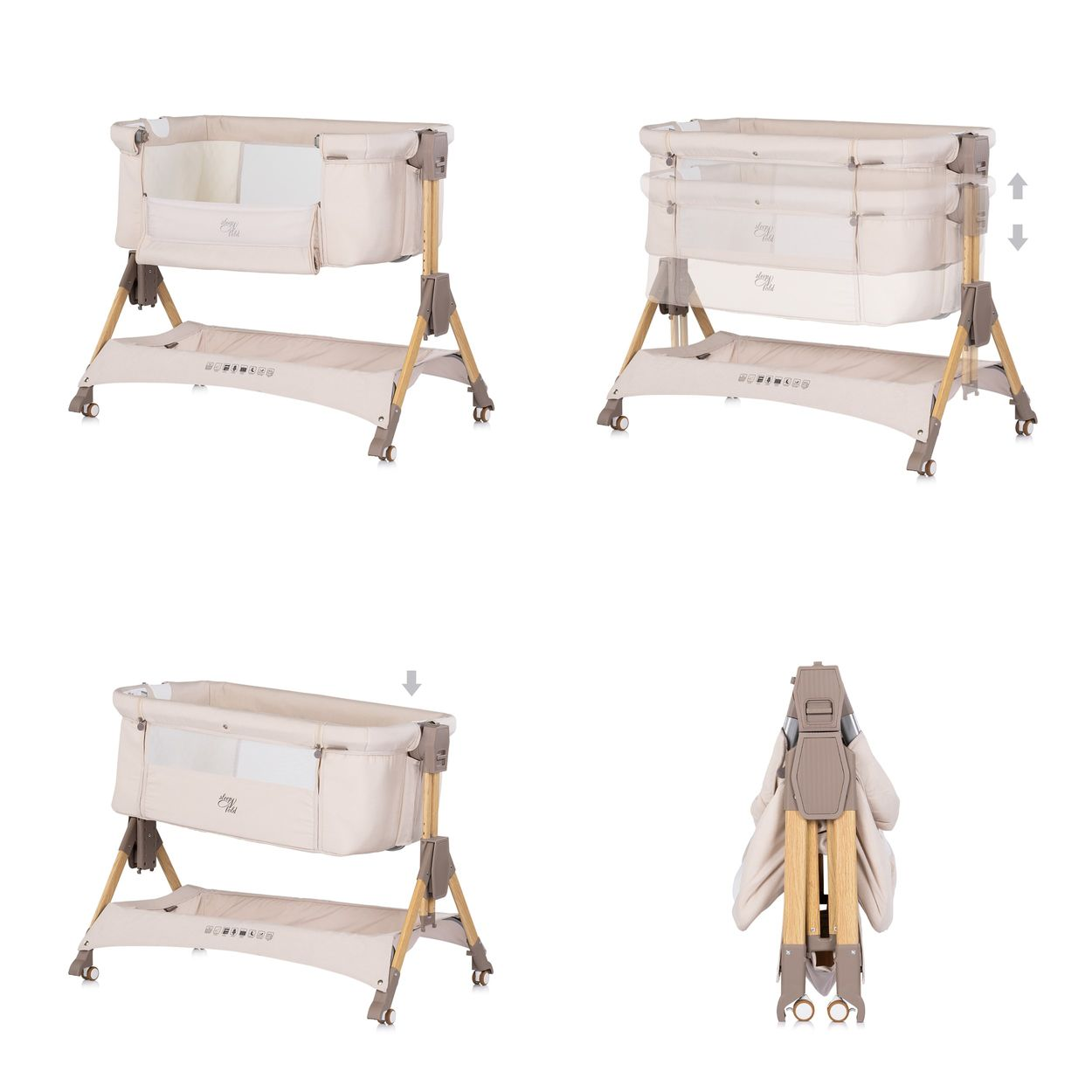 Beige Babywiege mit Holzbeinen, in verschiedenen Positionen gezeigt.