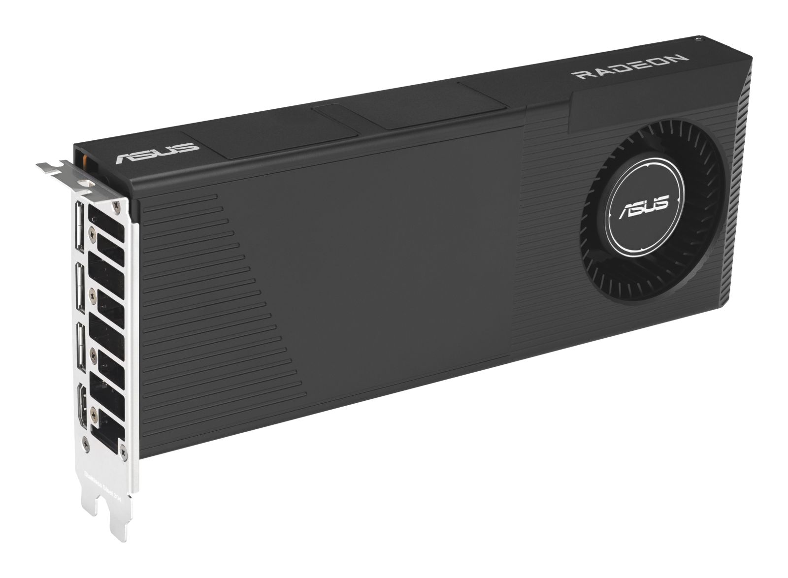 Schwarze ASUS Radeon Grafikkarte mit Lüfter und Anschlüssen.