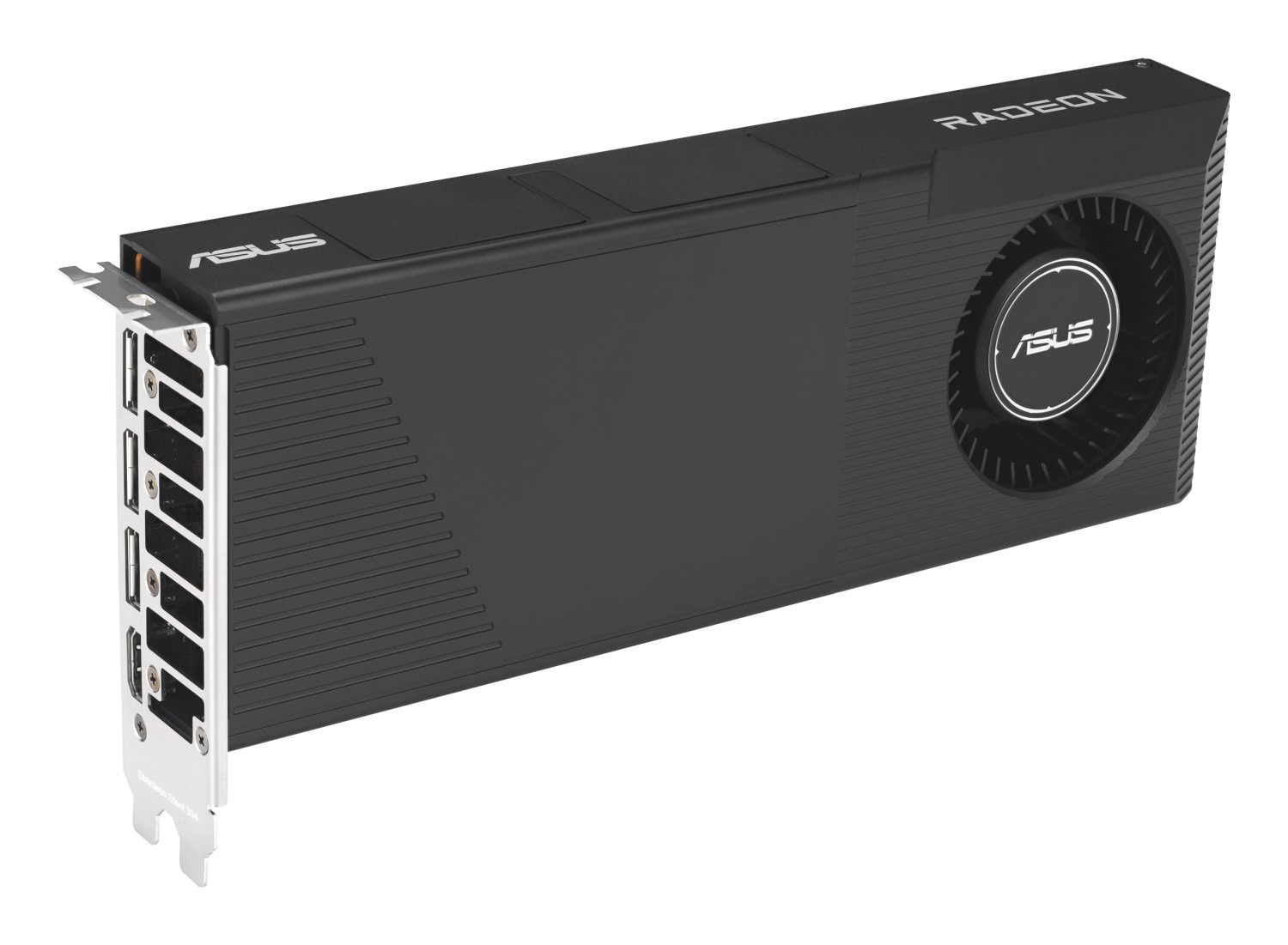 Schwarze Grafikkarte mit Lüfter und ASUS-Logo, Anschlussblende mit mehreren Ports.