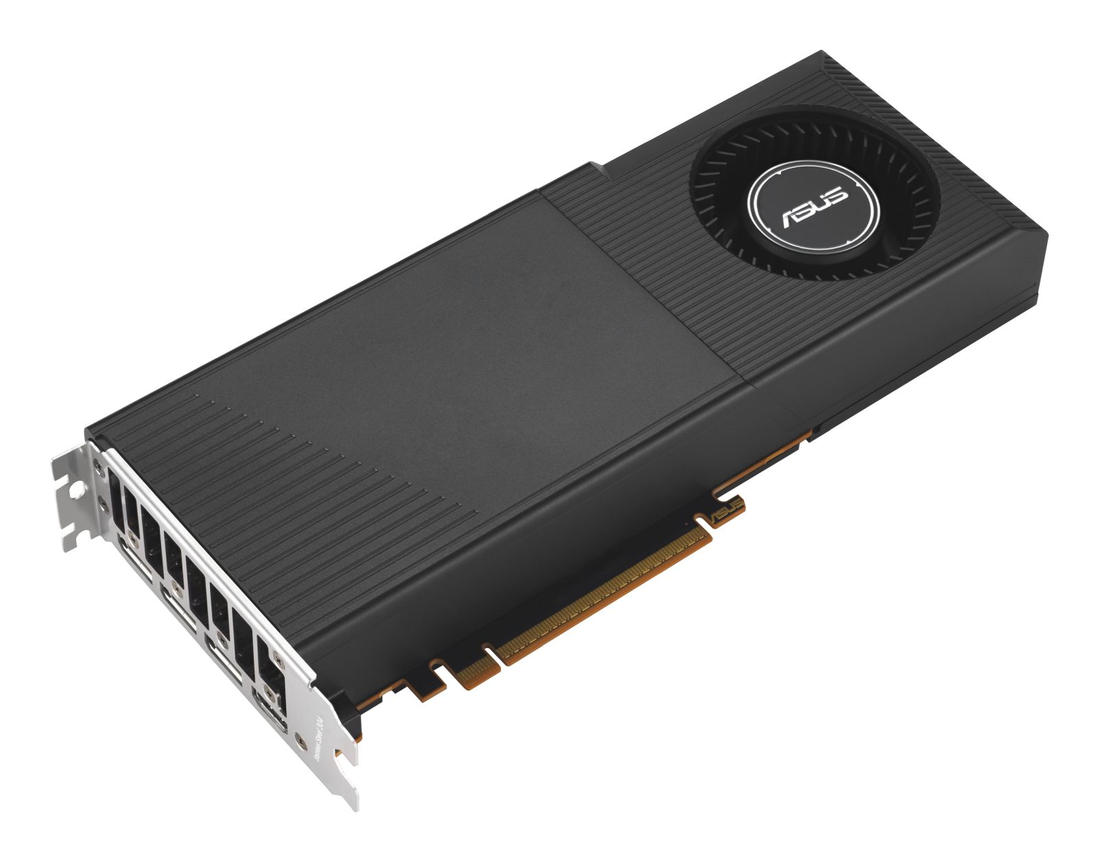Schwarze ASUS Grafikkarte mit einem Lüfter und silbernem Anschluss.
