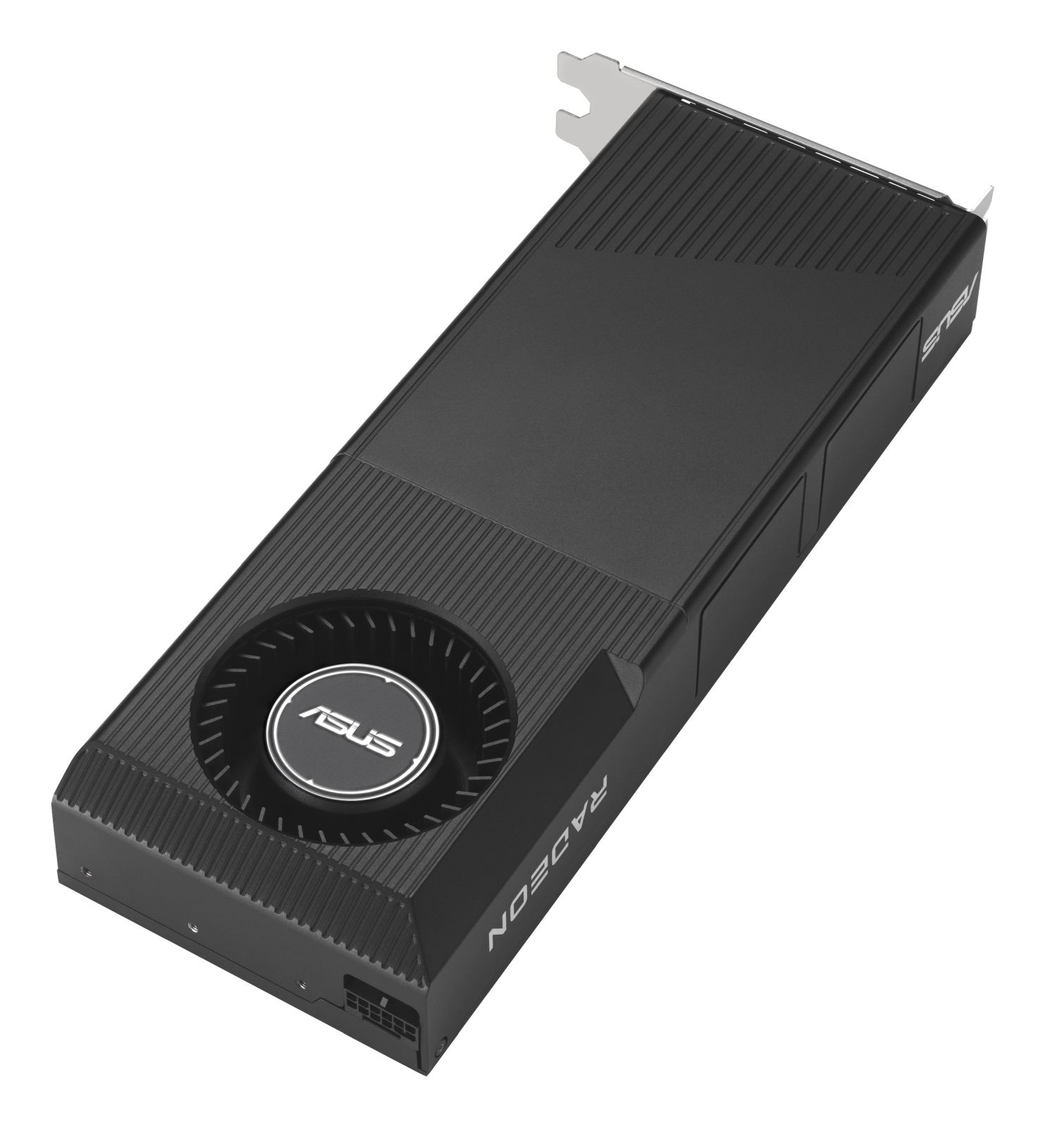 Schwarze ASUS Radeon Grafikkarte mit Lüfter und Metallanschluss.