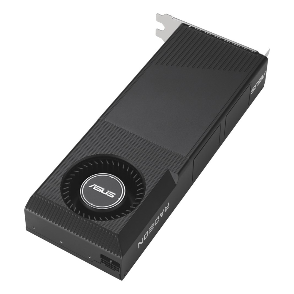 Eine schwarze ASUS Radeon-Grafikkarte mit Lüfter und geripptem Gehäuse, auf weißem Grund.