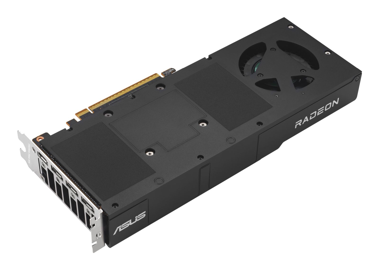 Schwarze Grafikkarte mit Radeon- und Asus-Logos, zwei Lüfter sichtbar.
