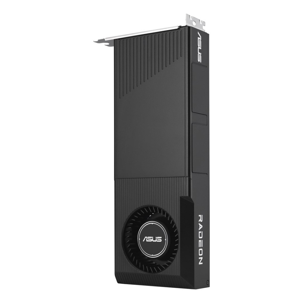 Eine schwarze ASUS Radeon-Grafikkarte mit Lüfter und silberner Halterung.