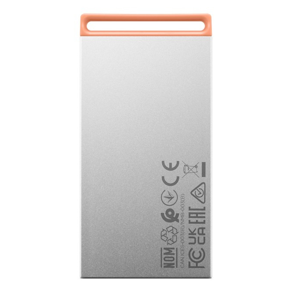 Srebrny pendrive z pomarańczową pętlą, ze znakami certyfikacji.