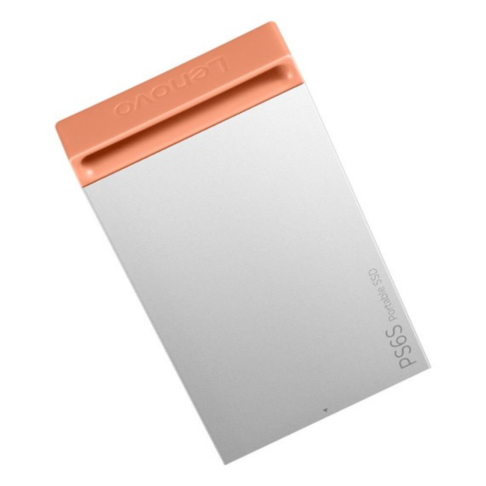 Srebrny przenośny dysk SSD Lenovo PS6S z koralowym pomarańczowym topem.