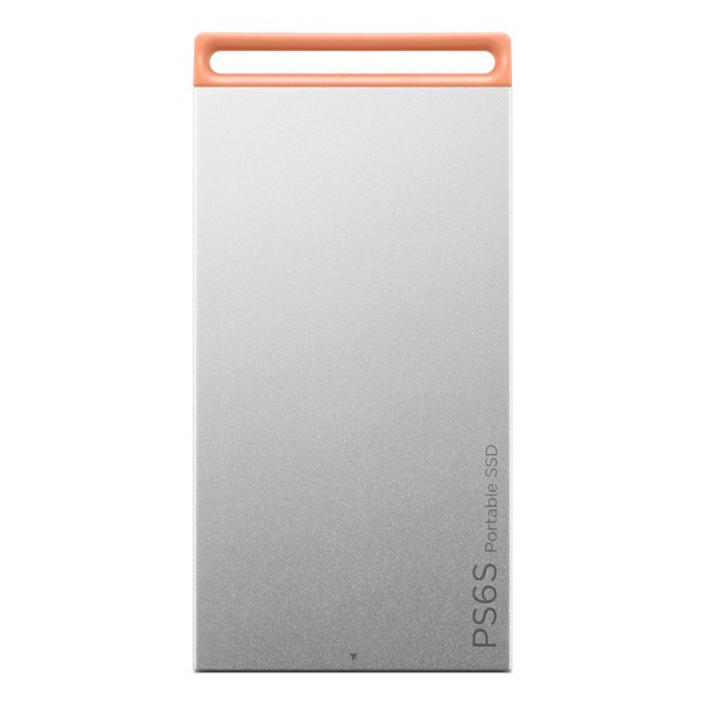 Srebrny przenośny dysk SSD z pomarańczowym uchwytem.