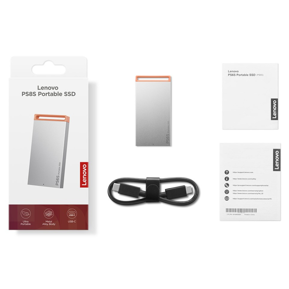 Lenovo PS8S Portable SSD w pudełku, osobno, z kablem i instrukcją.