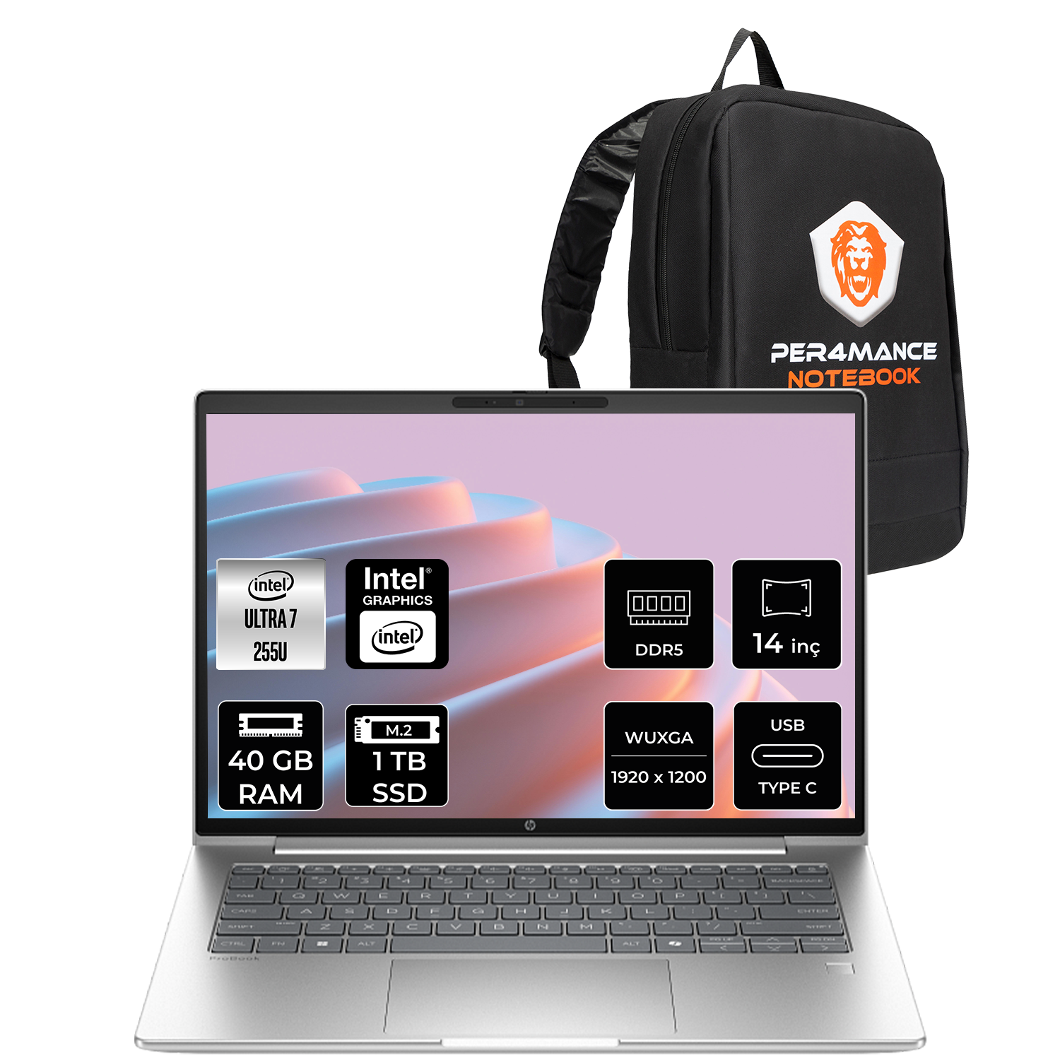 Intel Ultra 7, 40 GB RAM, 1 TB SSD'li dizüstü bilgisayar ve sırt çantası.