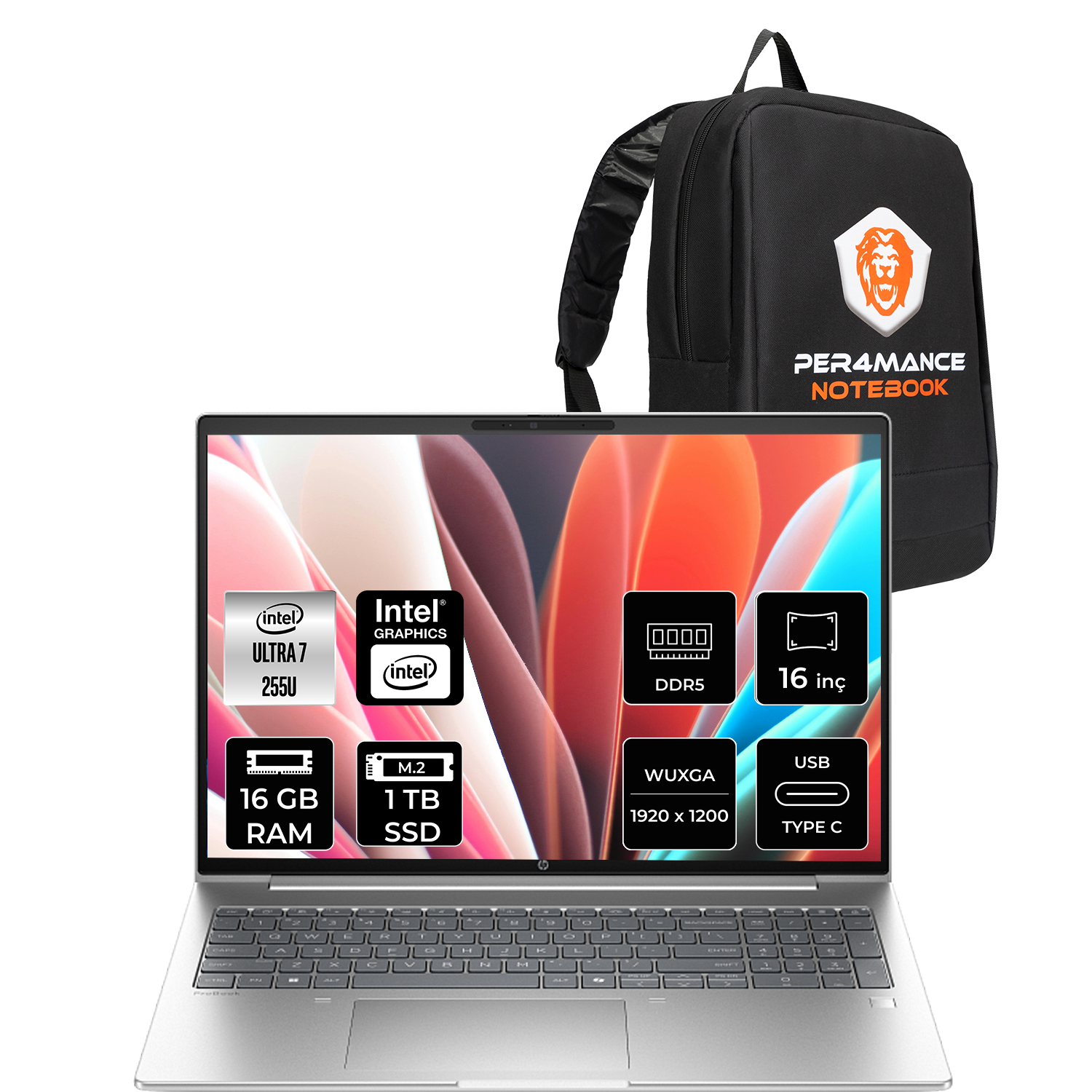 Intel Ultra 7, 16GB RAM, 1TB SSD, WUXGA ve sırt çantalı gümüş laptop.