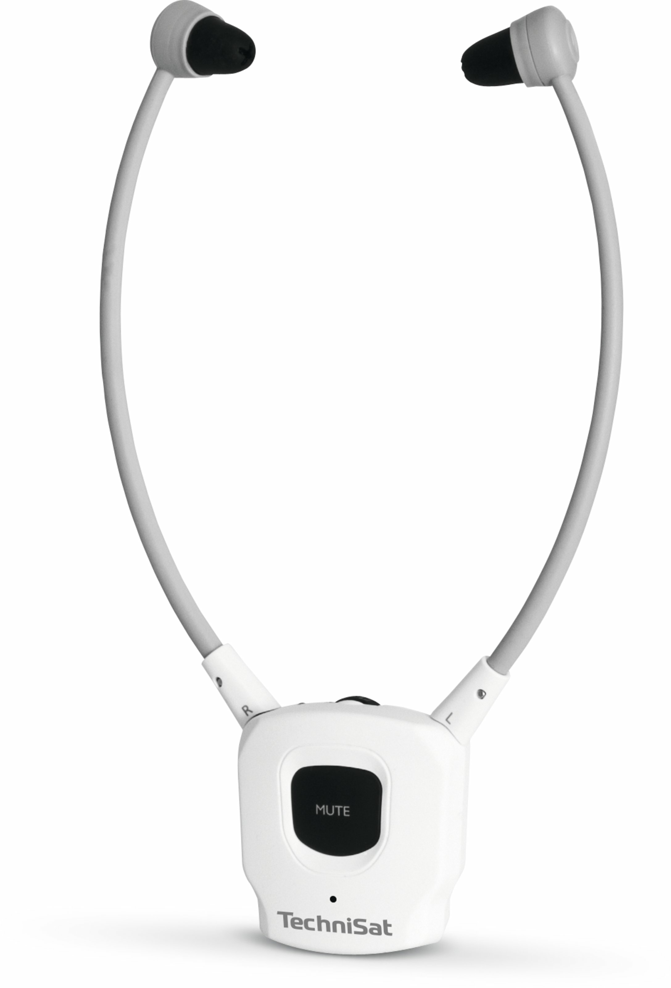 Ein weißer Kopfhörer mit schwarzen Ohrstöpseln und einem Mute-Knopf.