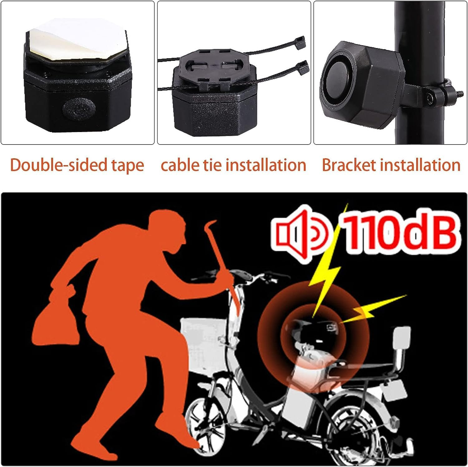 Ein Dieb mit einer Tasche nähert sich einem E-Bike, das mit einem lauten 110dB-Alarm ausgestattet ist.