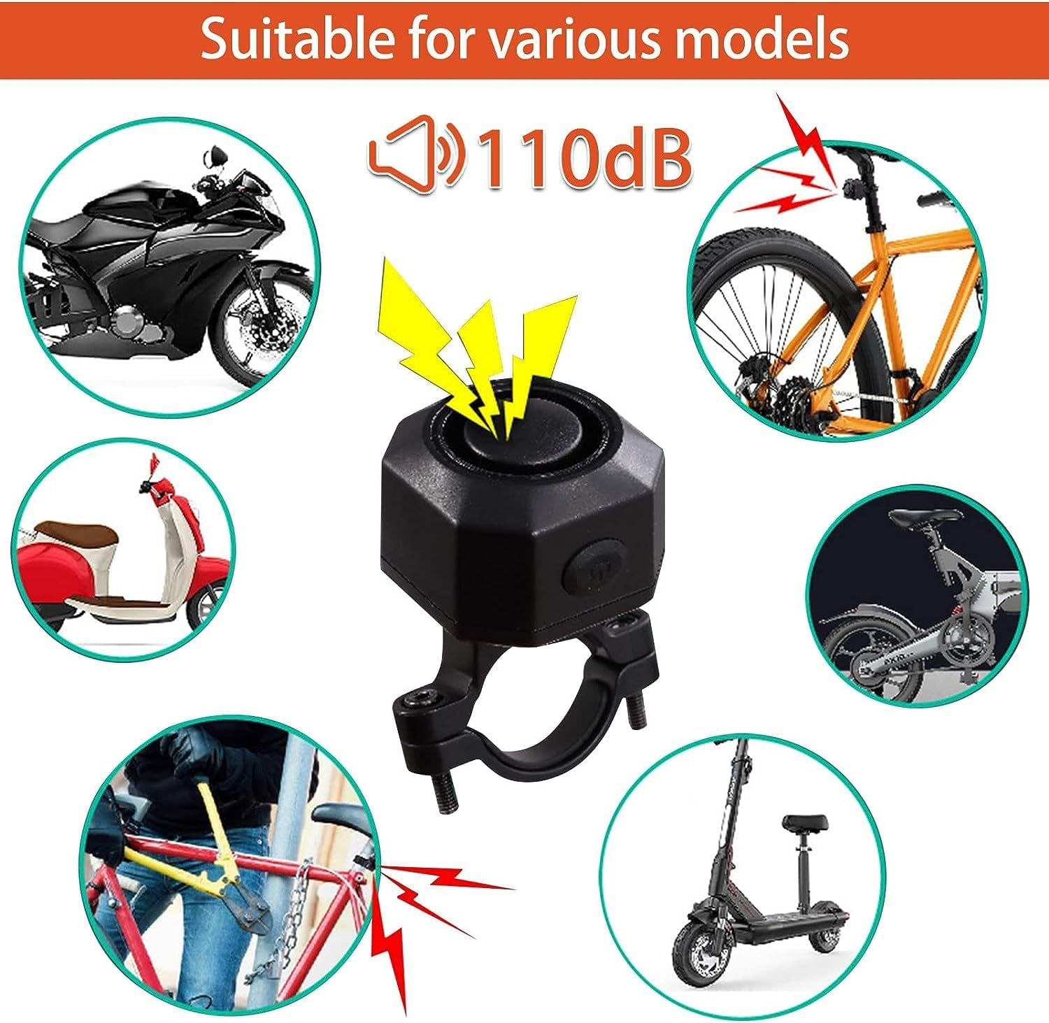 Ein schwarzer Fahrradalarm mit 110 dB, geeignet für Motorräder, Roller, Fahrräder und E-Bikes.