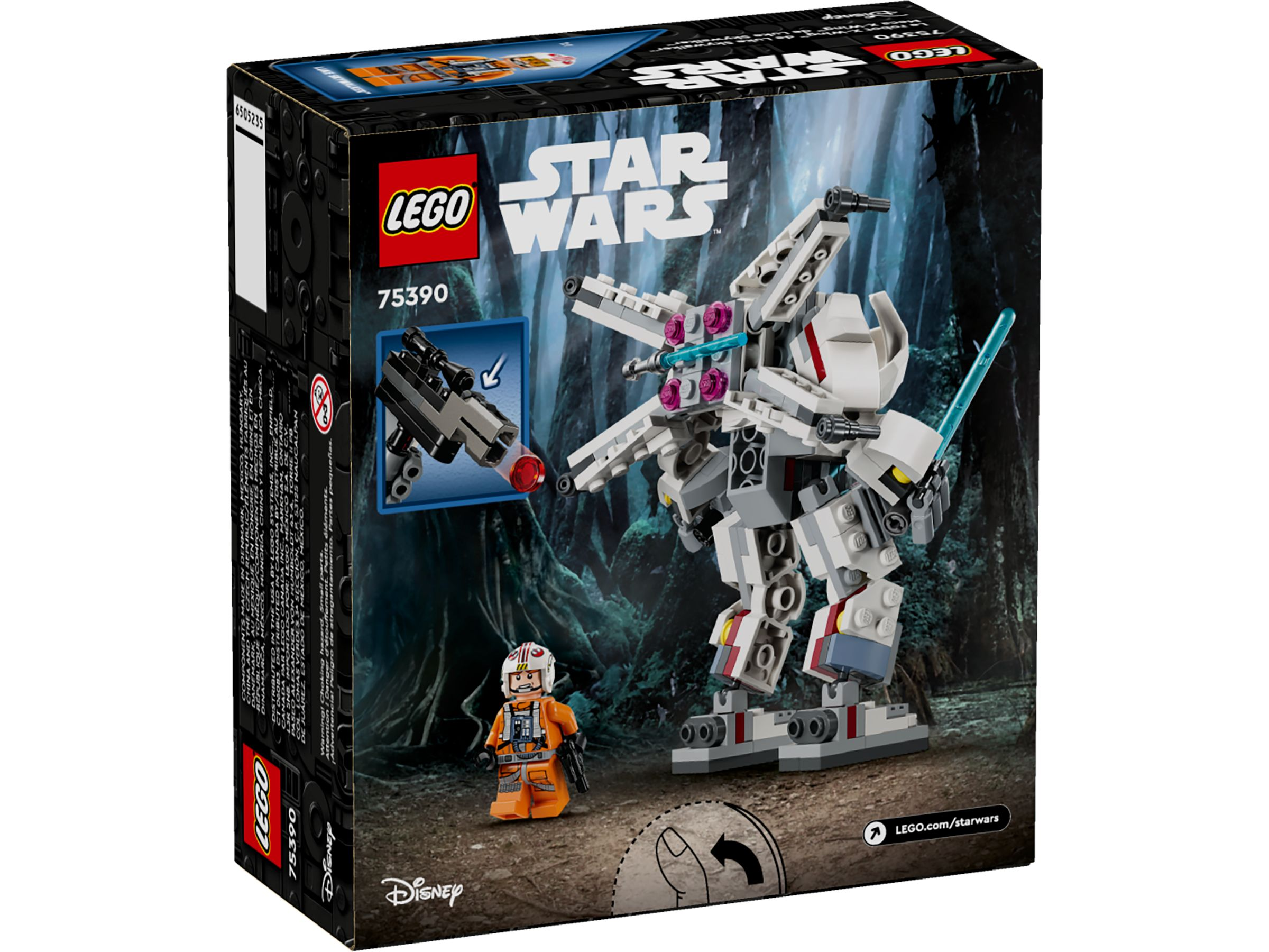 Lego Star Wars Box mit Figur und Mech in einer Waldlandschaft.