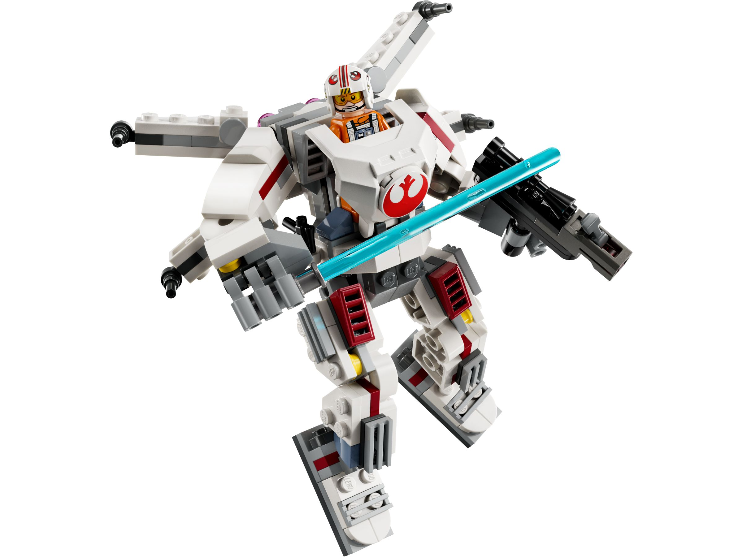 Ein weißer Lego-Mech mit roter Markierung und einem Lichtschwert.