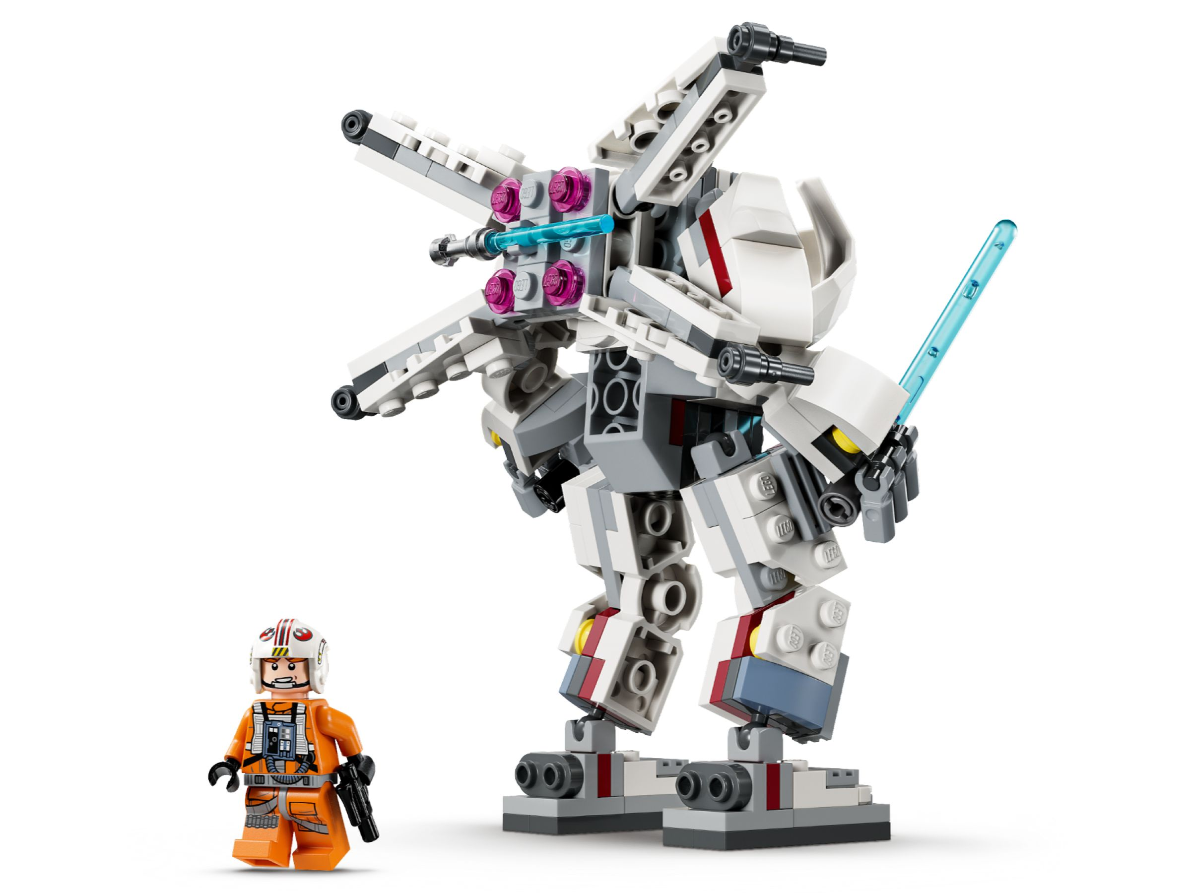 Ein Lego-Pilot in Orange steht neben einem groen weien Mech mit blauer Lichtschwert-Klinge.