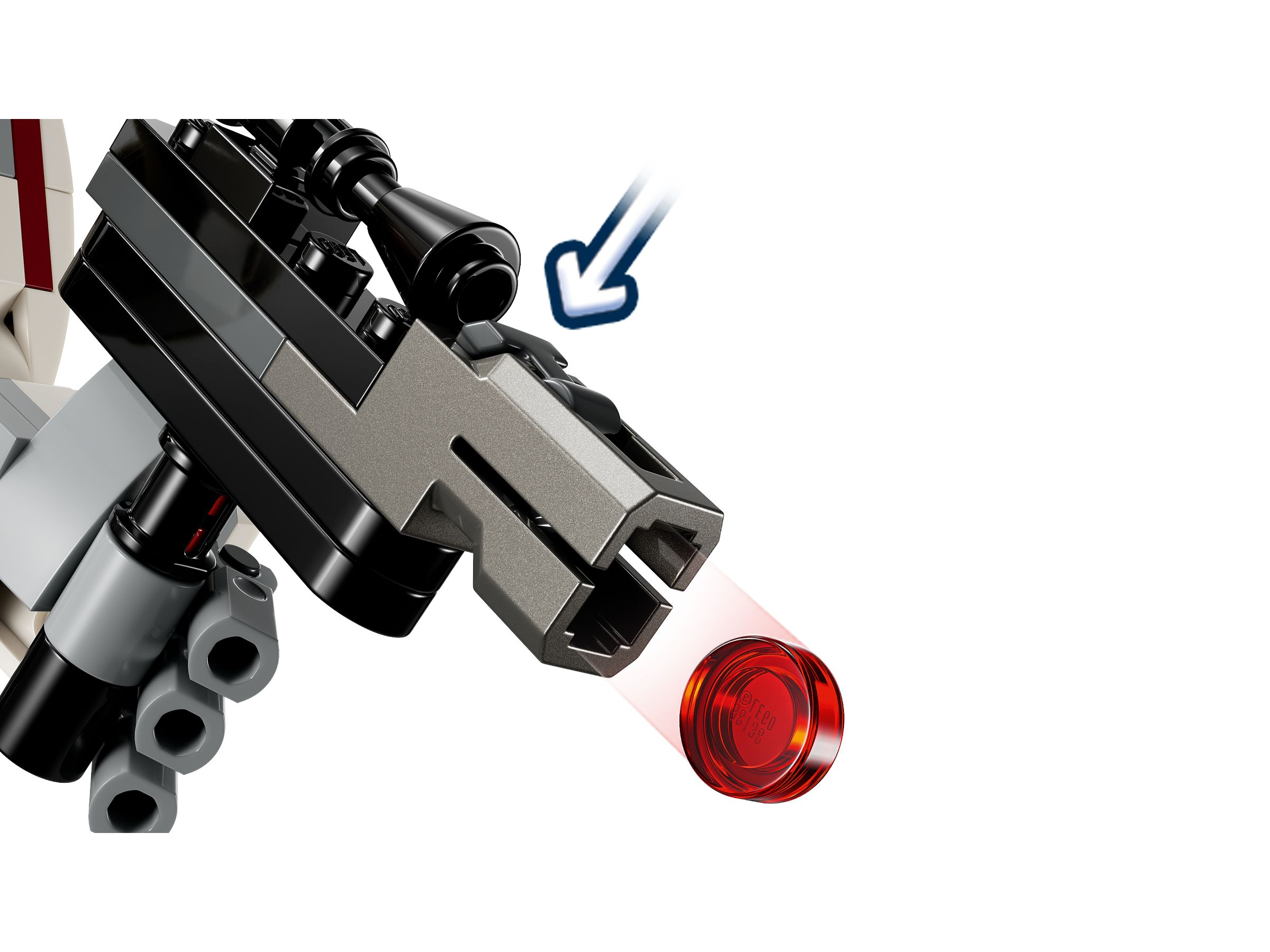 Ein roter runder Lego-Stein wird aus einer grauen und schwarzen Lego-Waffe abgefeuert.