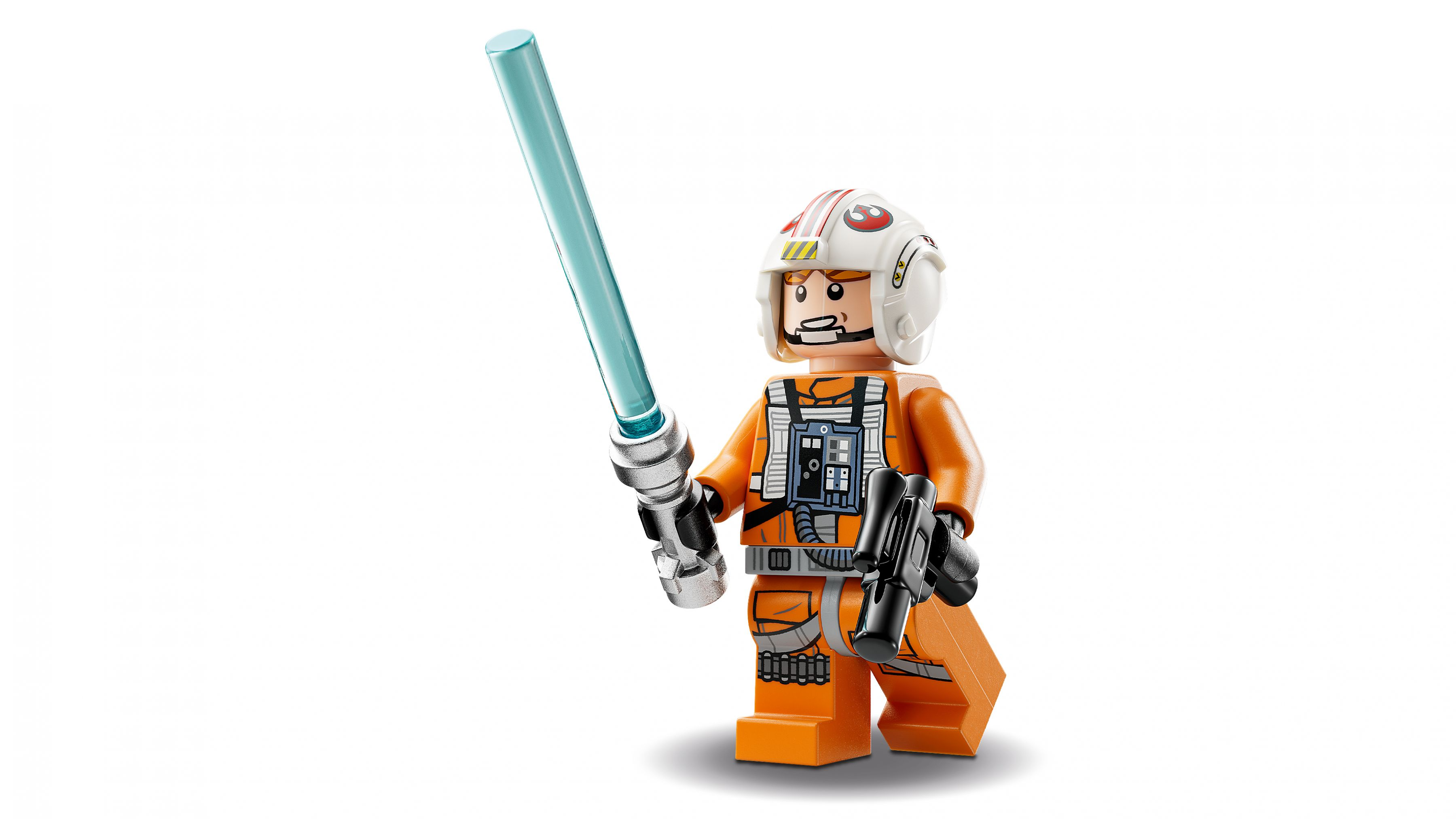 Lego-Figur in orangefarbener Kleidung mit Helm und Lichtschwert.