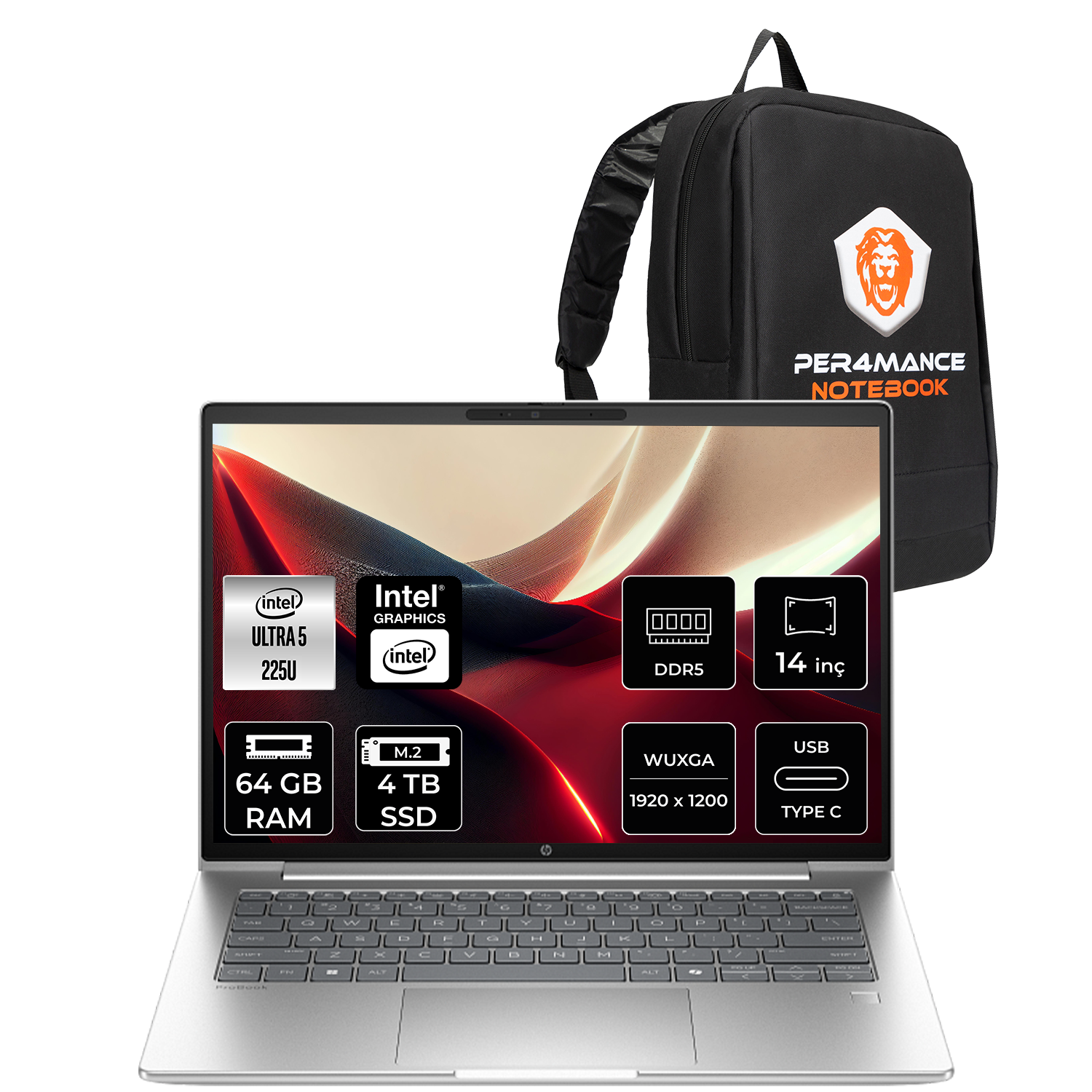 Intel Ultra 5 2250, 64 GB RAM, 4 TB SSD, DDR5 ve 14 inç WUXGA ekrana sahip dizüstü bilgisayar.