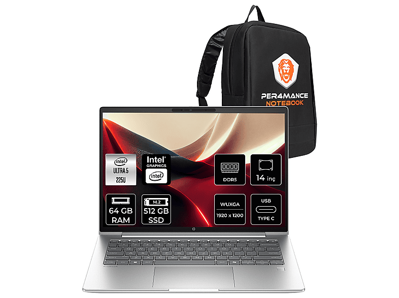 HP PB 4 G1i FHD+ D21PFETPN332 + PER4 Intel Core Ultra 5 225U 64 GB RAM 512 GB SSD 14 inç FreeDOS Laptop+Çanta Metalik Gri