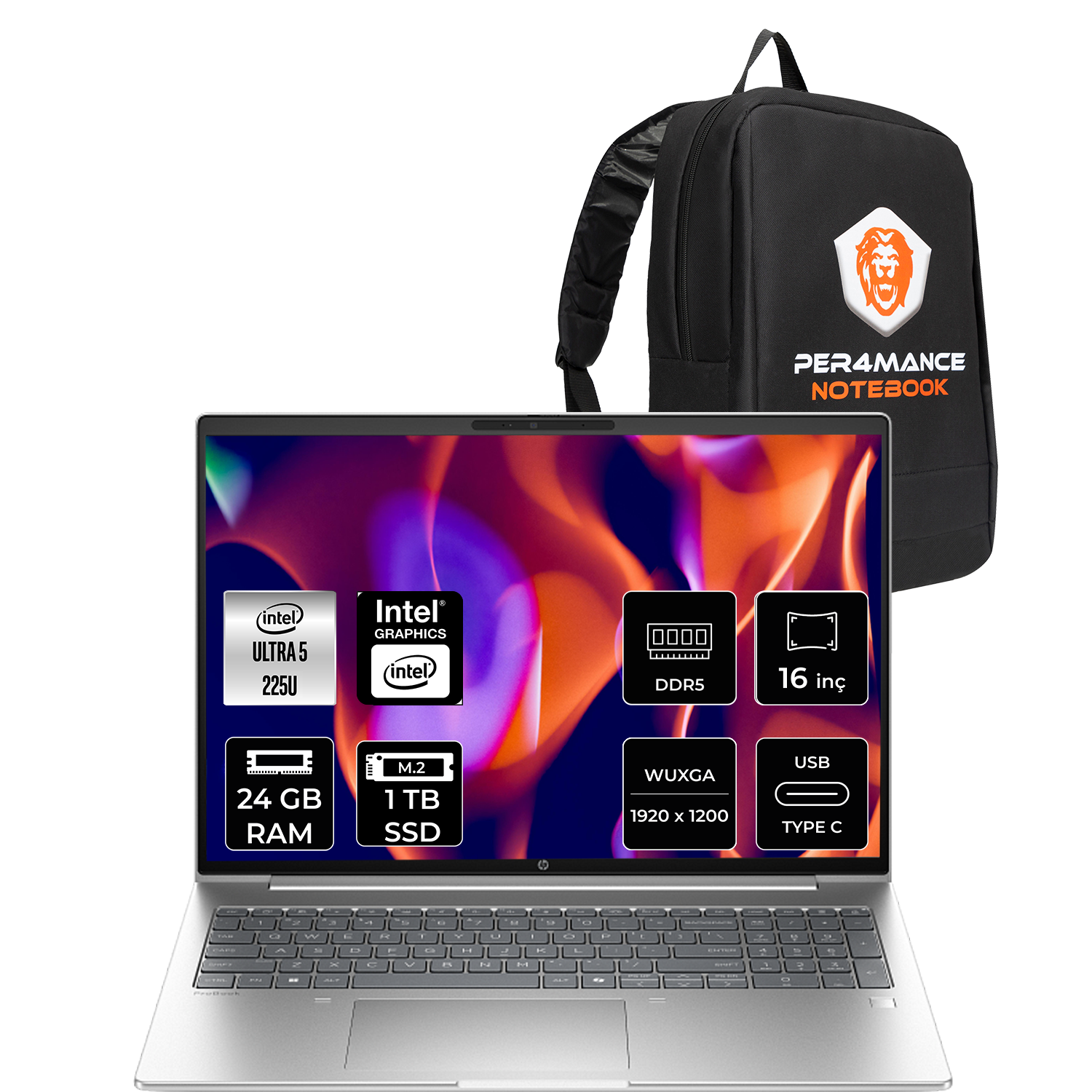 Intel Core i5, 24 GB RAM, 1 TB SSD'li gümüş dizüstü bilgisayar ve siyah sırt çantası.
