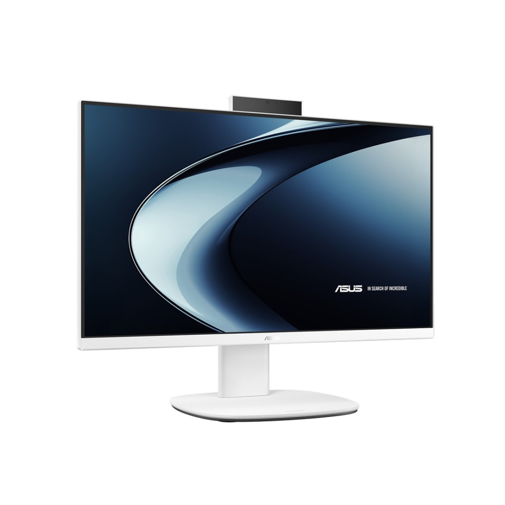 Biały komputer ASUS typu "wszystko w jednym" o eleganckim designie stoi na białej podstawie.