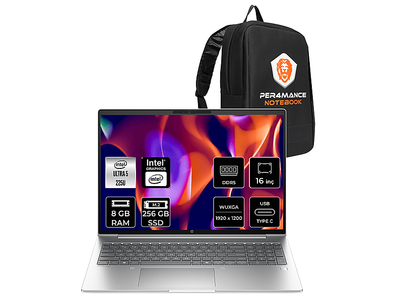 HP PB 4 G1i FHD+ CS7Q4ETPN301 + PER4 Intel Core Ultra 5 225U 8 GB RAM 256 GB SSD 16 inç FreeDOS Laptop+Çanta Metalik Gri