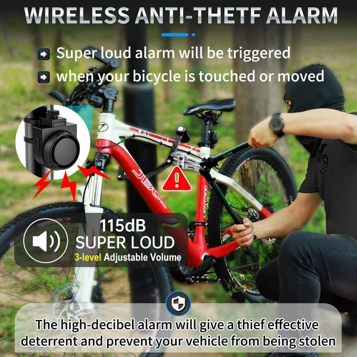 Diebstahlschutz für Fahrräder mit 115dB-Alarm und Dieb, der versucht, das Fahrrad zu stehlen.