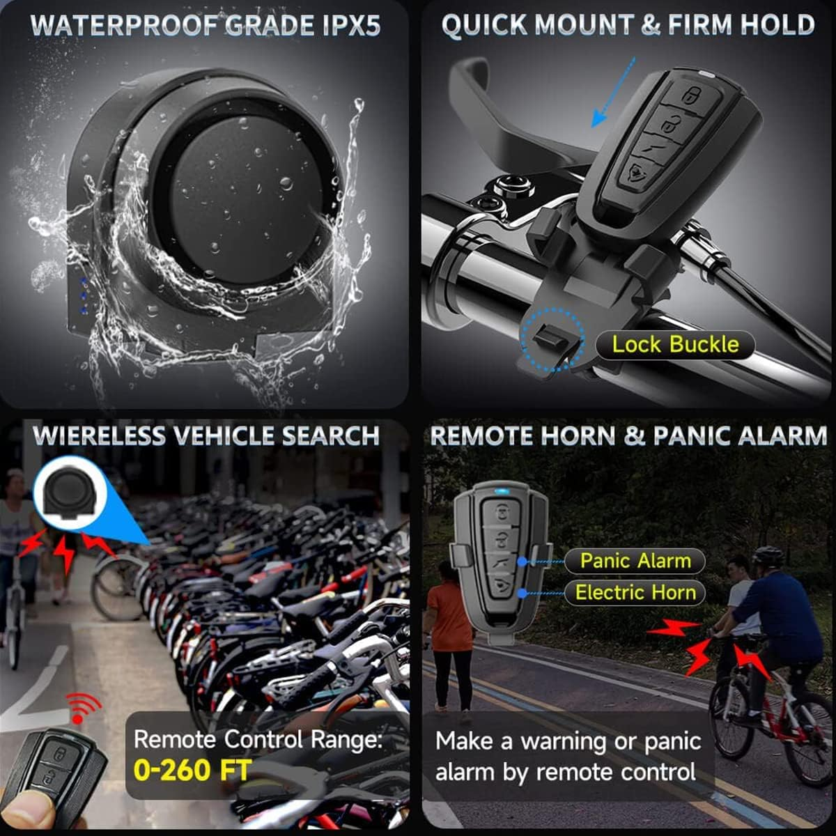 Ein wasserdichtes Fahrradwarnsystem mit Fernbedienung und Alarmfunktion.