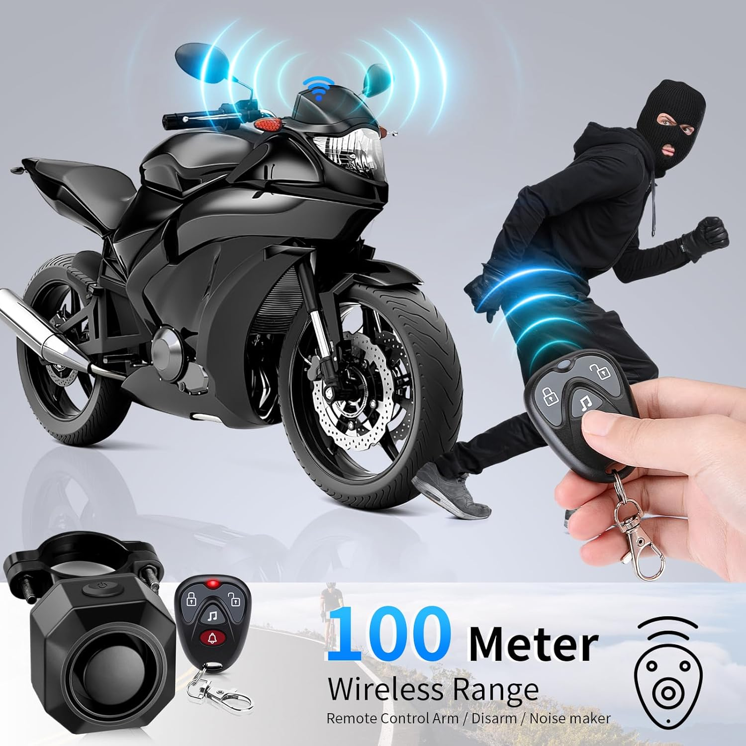 Schwarzes Motorrad mit Dieb, Fernbedienung und Alarm, 100m Reichweite.