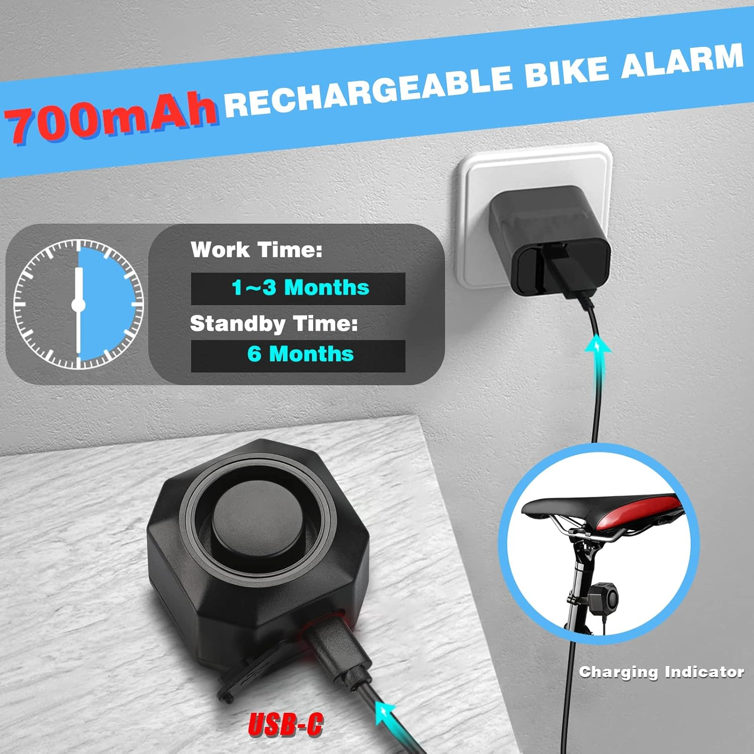 Ein wiederaufladbarer Fahrradalarm mit 700mAh wird über USB-C geladen. Arbeitszeit 1-3 Monate.