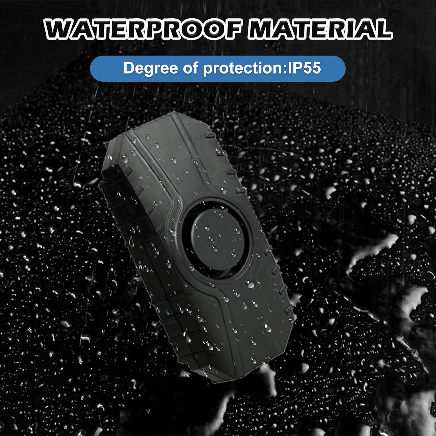 Schwarzes, robustes Gerät mit Regentropfen und "WATERPROOF MATERIAL IP55"-Text.