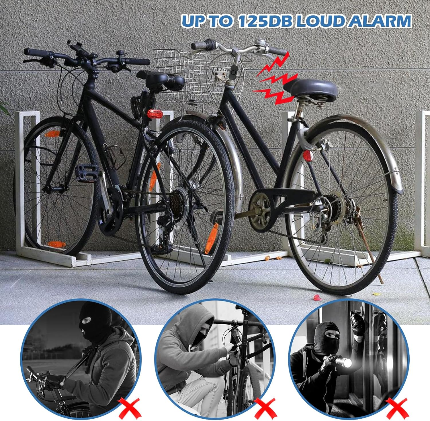 Zwei schwarze Fahrräder draußen geparkt. Text 'UP TO 125DB LOUD ALARM'.
