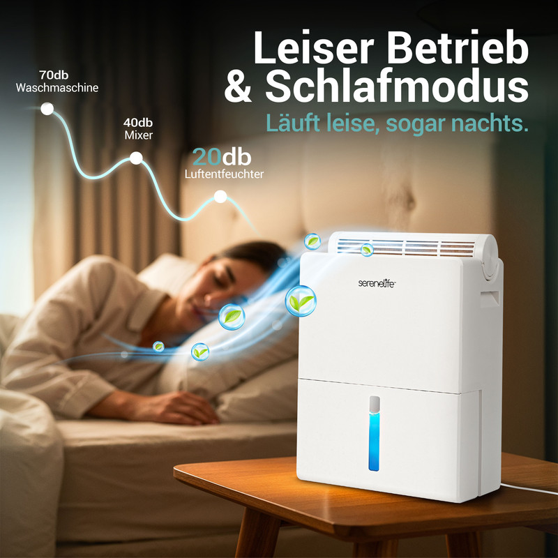 Ein weißer Luftentfeuchter steht neben einem schlafenden Mädchen im Bett.