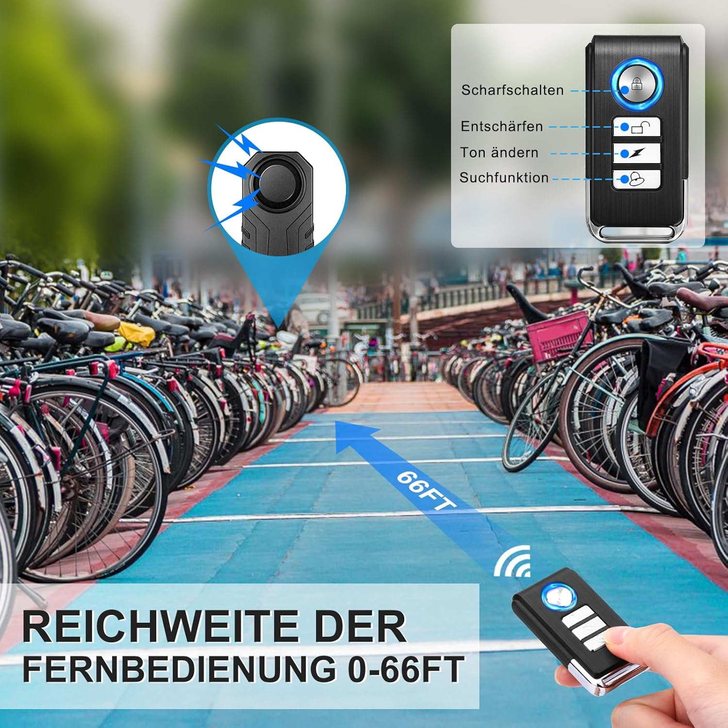 Eine Fernbedienung zeigt die Reichweite von 0-66FT neben einer Reihe von Fahrrädern.