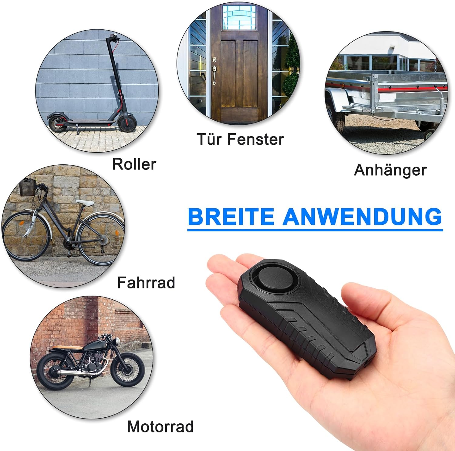 Ein schwarzer Alarm für Roller, Tür, Anhänger, Fahrrad und Motorrad.