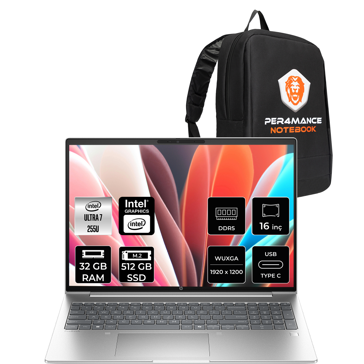 Intel Ultra 7 işlemcili, 32 GB RAM'li ve 512 GB SSD'li gümüş laptop.