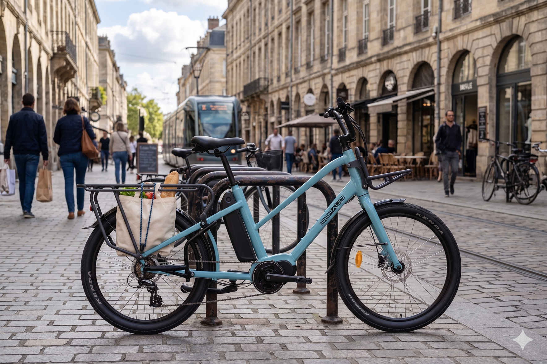 Una bicicleta azul claro con una bolsa de compras está en un camino de adoquines. Al fondo, un tranvía y edificios.
