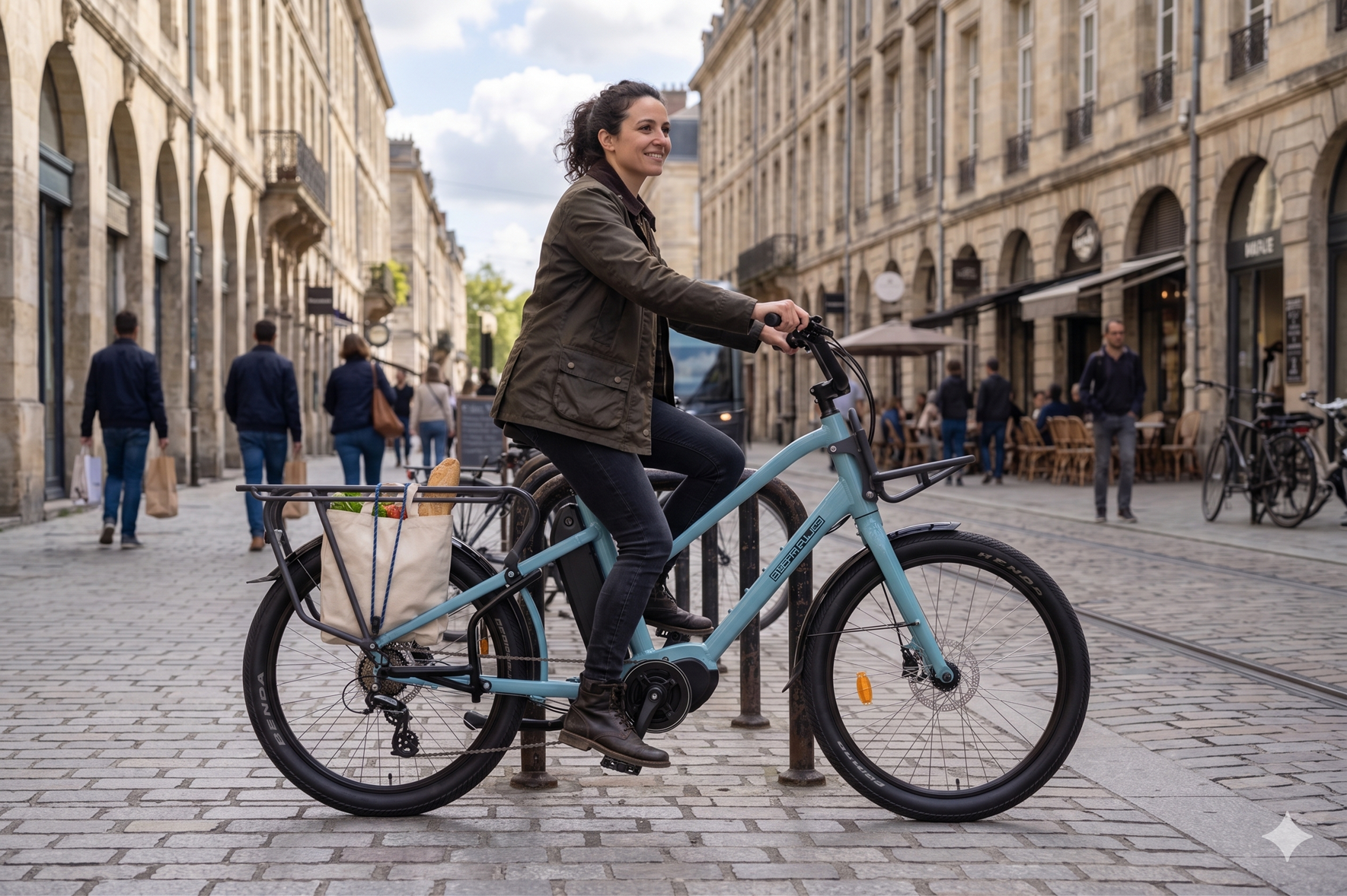 Una mujer monta una bicicleta azul claro por una calle empedrada con edificios y gente al fondo.