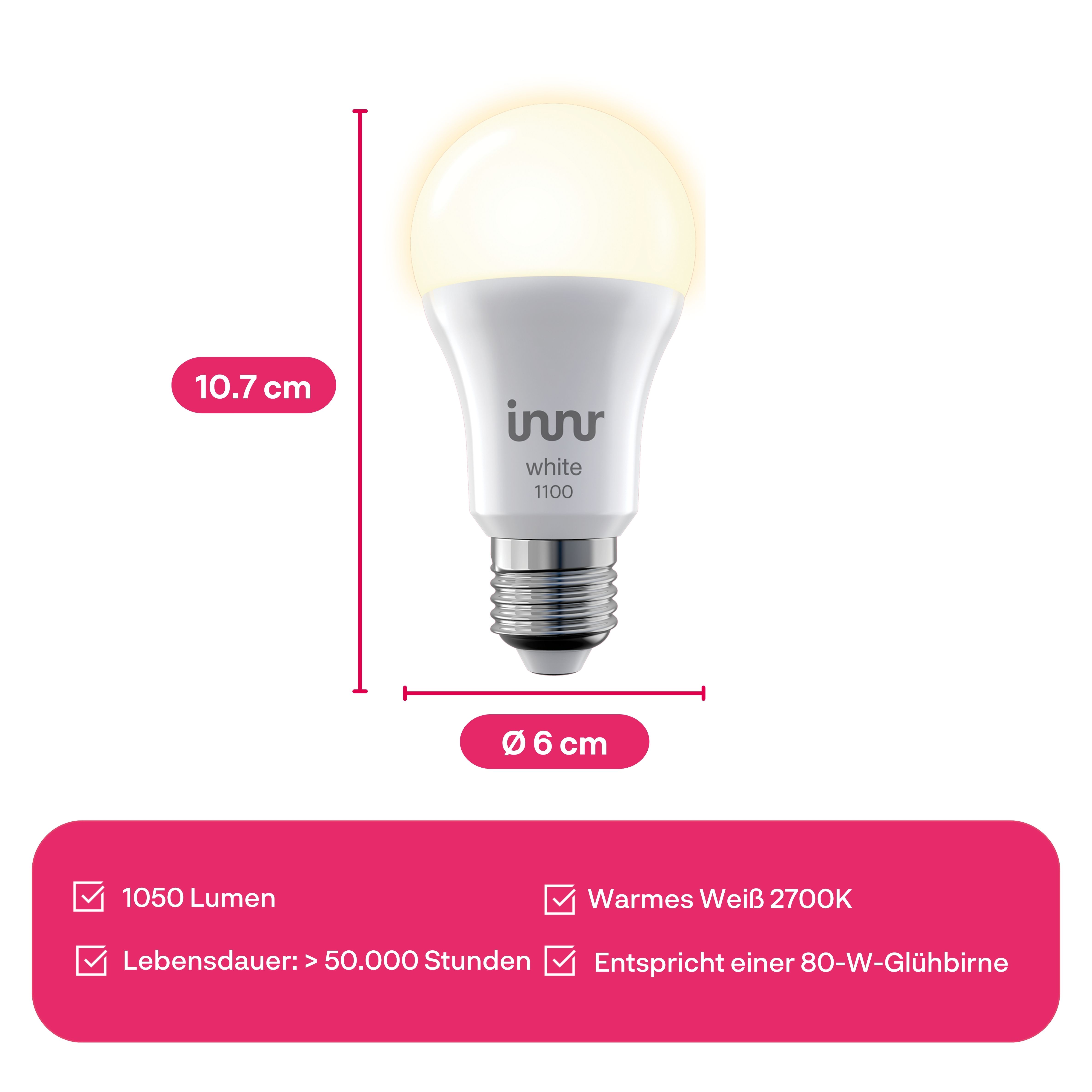 Une ampoule LED blanche Innr, 10,7 cm de haut, 6 cm de large, 1100 lumens.
