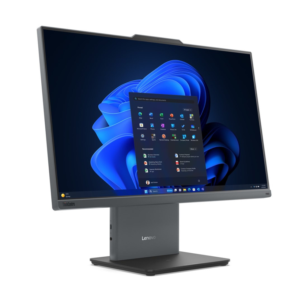 Szary komputer All-in-One Lenovo z ciemnym tłem i niebieskim menu Start Windows.