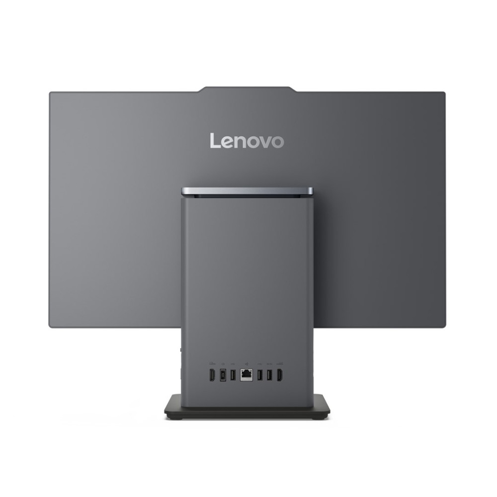 Tył szarego komputera typu all-in-one Lenovo z portami na podstawie.