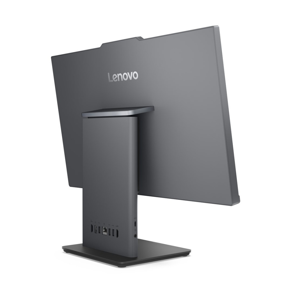 Szary komputer All-in-One Lenovo od tyłu z panelem portów.