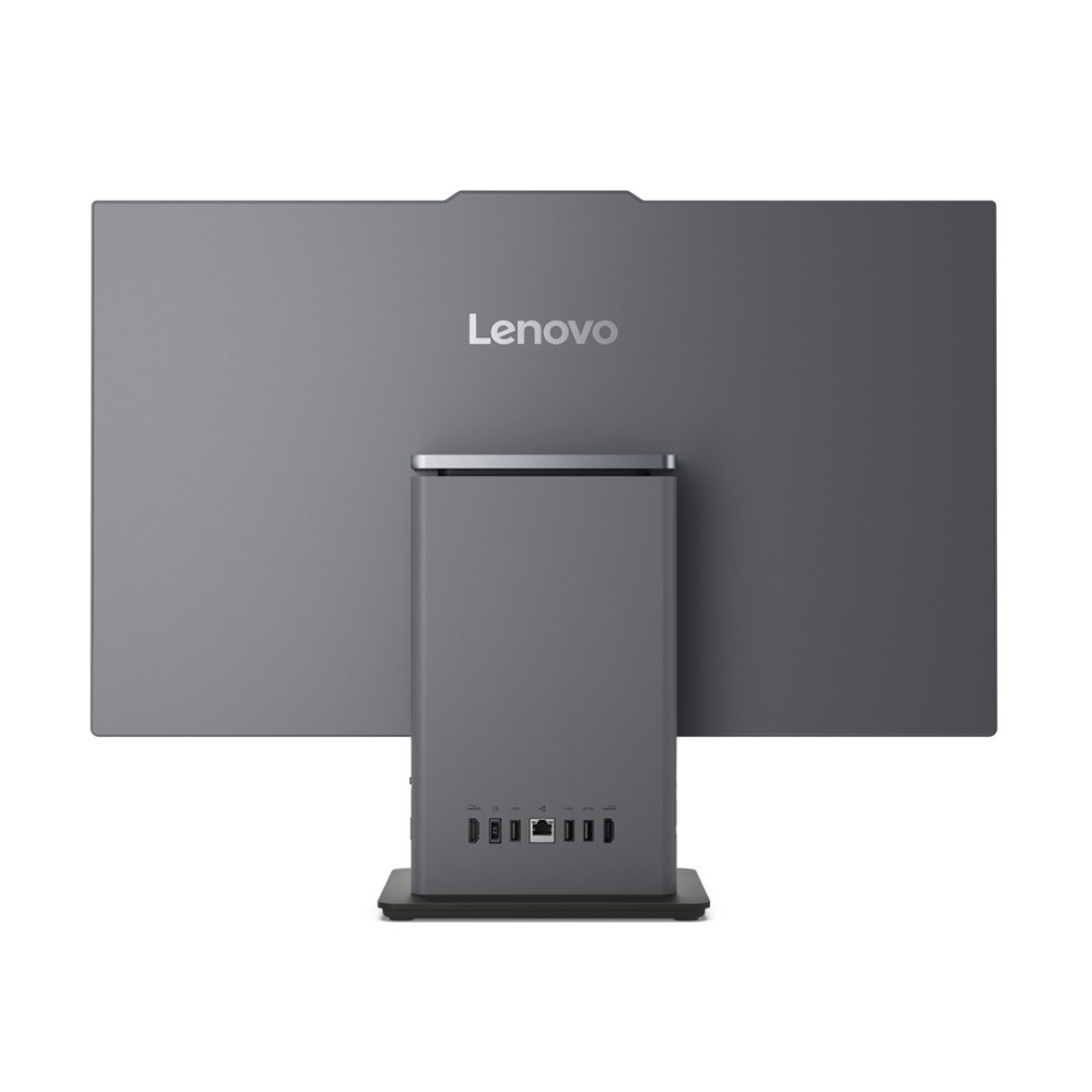 Tył szarego komputera All-in-One Lenovo z portami.