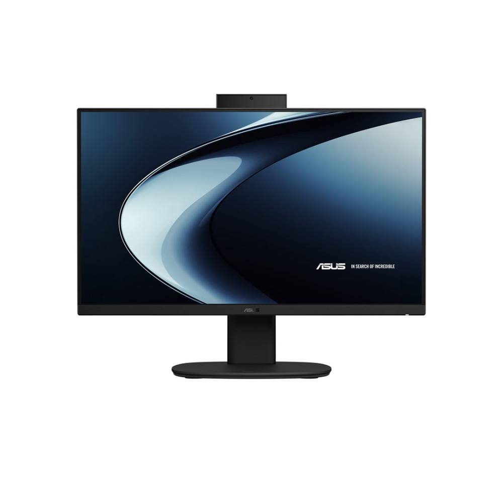 Czarny monitor ASUS z kamerą na górze, wyświetla ciemną abstrakcyjną tapetę z niebieskimi krzywiznami.